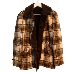 FUZZY CHOCOLATE PLAID BUTTON UP PEA COAT